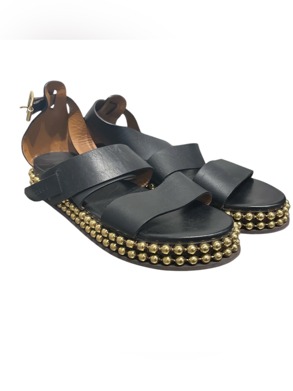 Chloe Black Leather Sandals with Gold Studded Platform